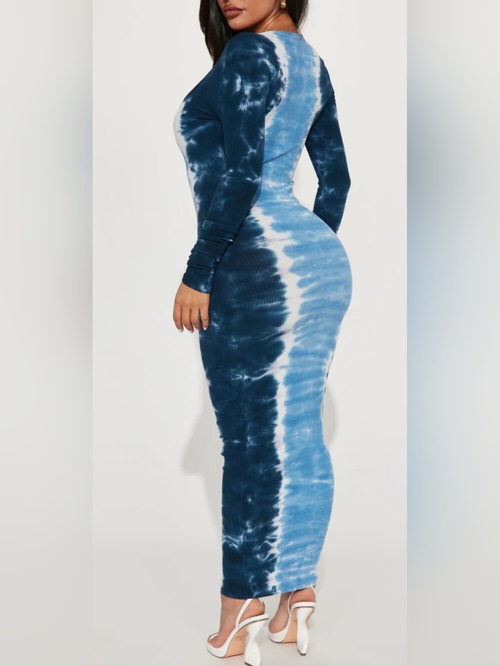 Fashion Nova Blue Tie-Dye Long Sleeve Bodycon Dress - Picture 3 of 10